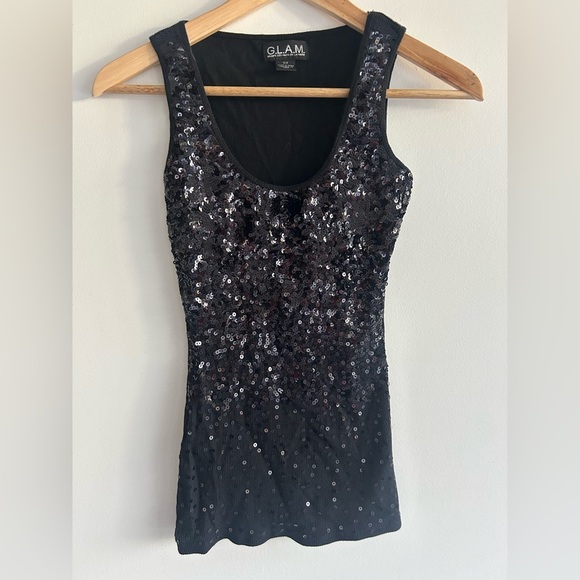 GLAM, size S, sequined black top, long fitting, stetchy, new years - Picture 2 of 6